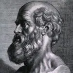 Dessin réalistique d'Hippocrate vu de profil, en noir et blanc.